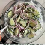 A bowl of Creamy Cucumber and Onion Salad on a checkered kitchen towel with the Healthy Mom Healthy Family logo.