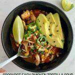 A bowl of Slow Cooker Chicken Tortilla Soup with sliced avocado, a lime wedge and sliced jalapenos on top and the Healthy Mom Healthy Family logo.