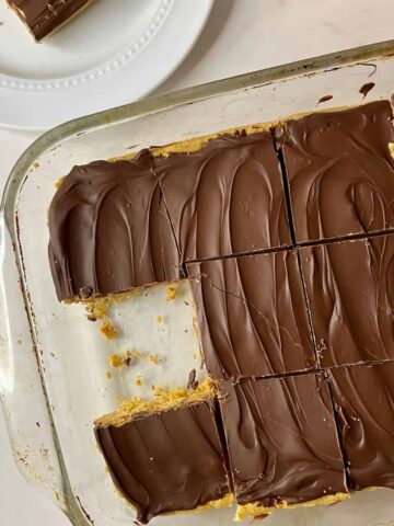 A pan of No-Bake Chocolate Peanut Butter Bars.