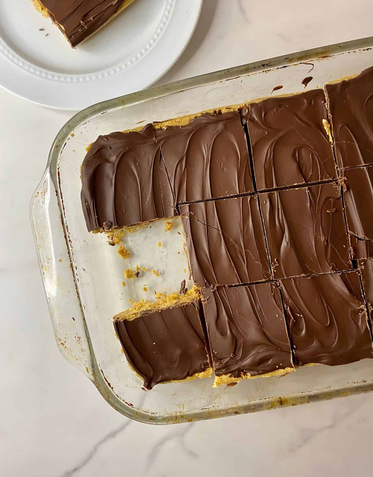 A pan of No-Bake Chocolate Peanut Butter Bars.