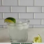 A glass of Skinny Cocktail with ice, a lime wedge and the Healthy Mom Healthy Family logo.
