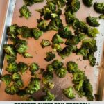 A sheet pan with roasted broccoli and the Healthy Mom Healthy Family Logo.