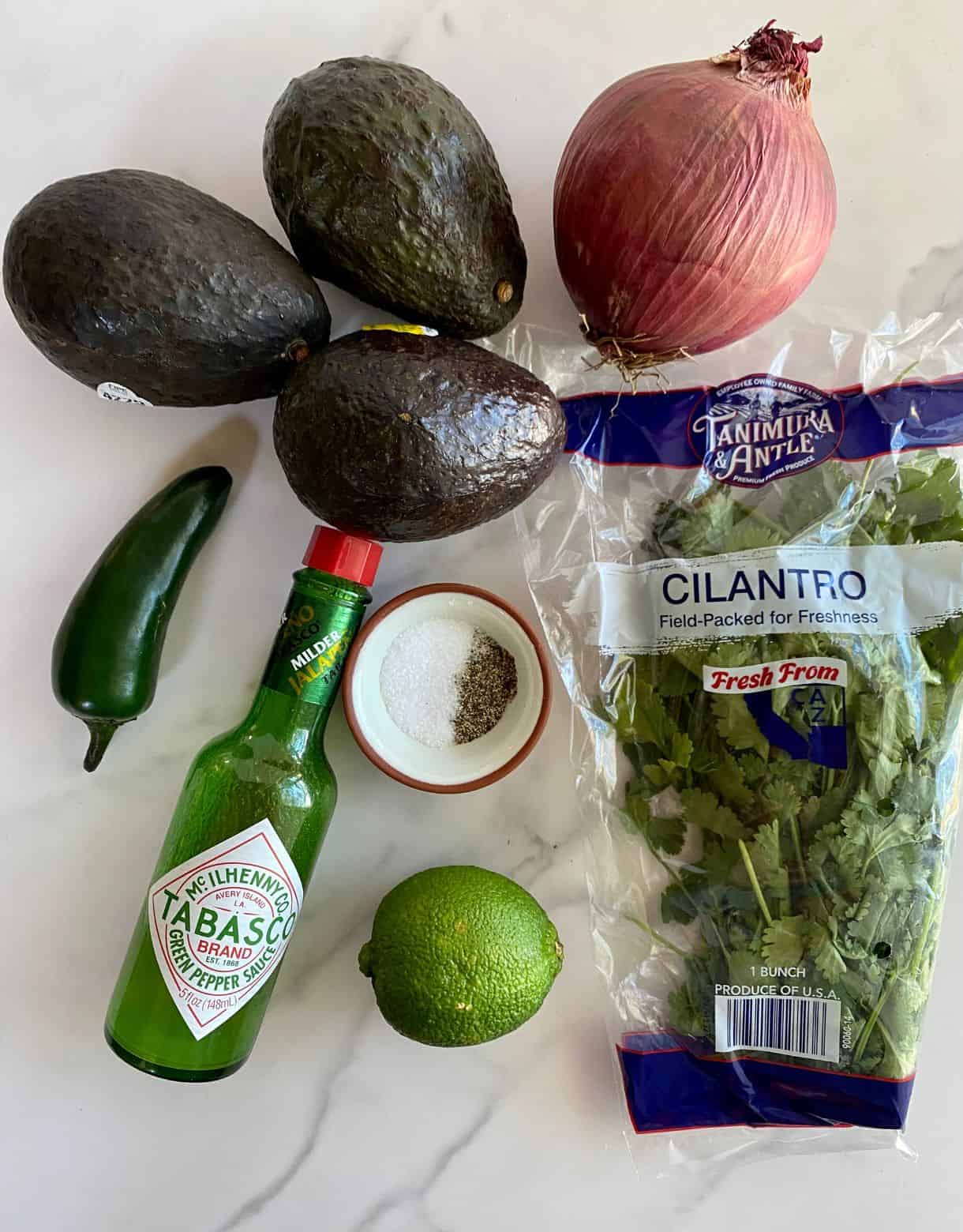 Avocados, red onion, jalapeno, lime, hot sauce, cilantro, salt and black pepper.