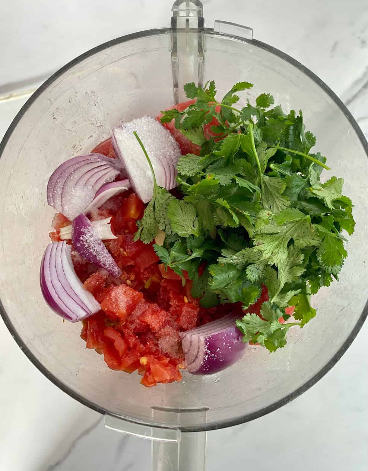 A food processor with the ingredients added for Jalapeno Salsa but not yet processed.