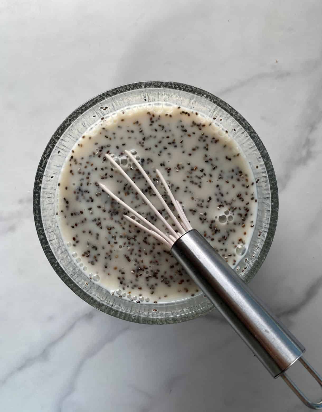 A bowl of Keto Chia Pudding mixed and ready to refrigerate.