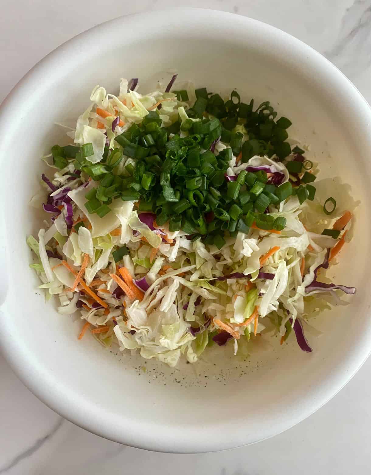 A bowls of shredded cabbage, carrots and sliced green onions.