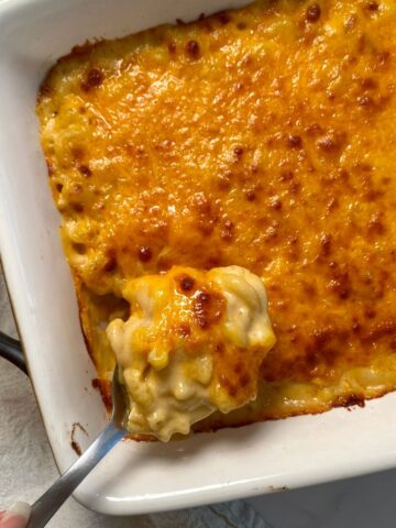 A pan of baked gluten-free mac and cheese.