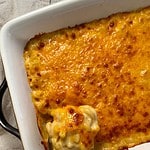 A pan of baked mac and cheese.