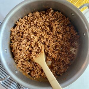 A skillet of cooked Ground Turkey Taco Meat.