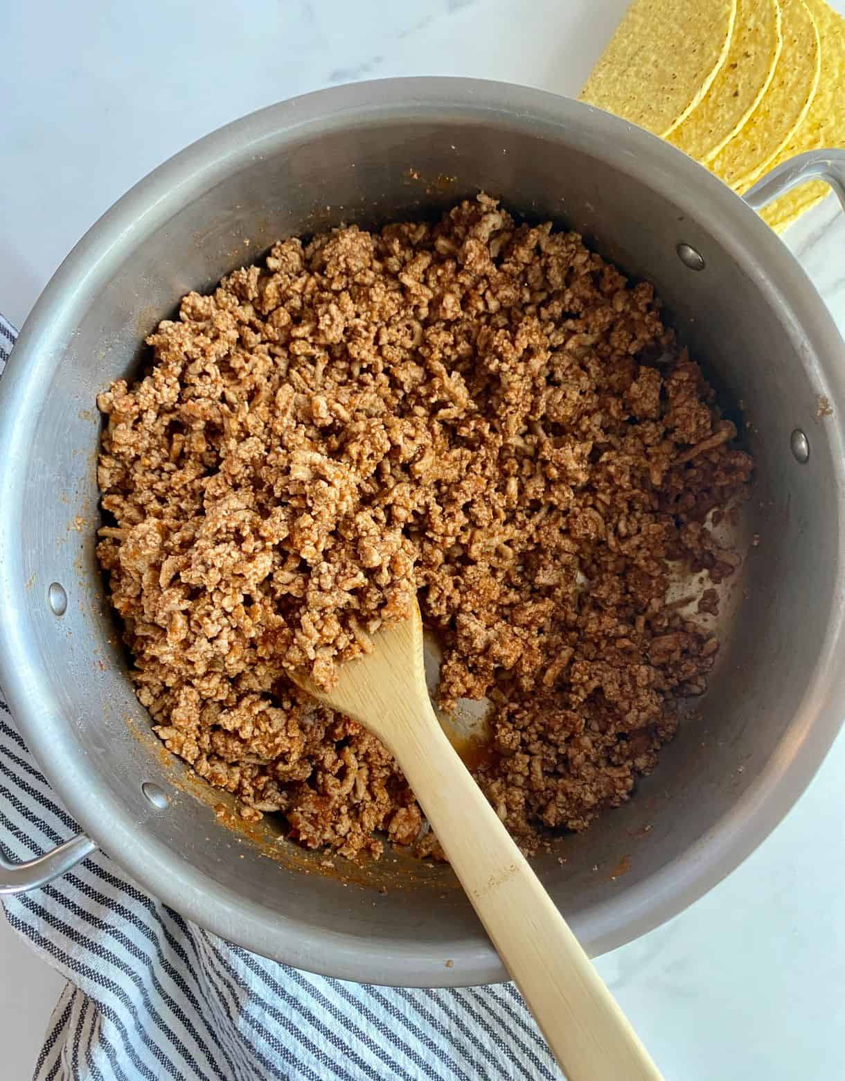 A skillet of cooked Ground Turkey Taco Meat.