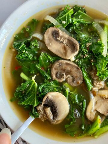 A bowl of Turkey Sausage and Kale Soup.
